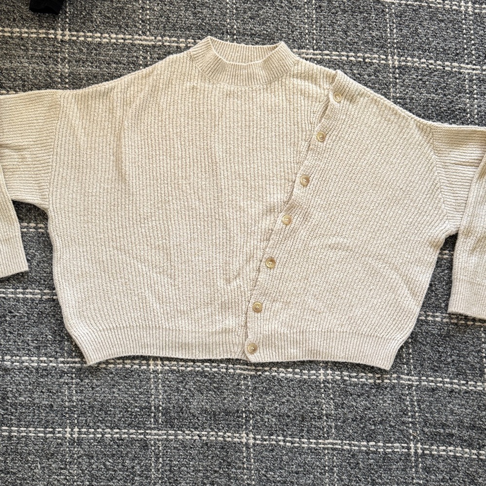 Mango Cream Asymmetric Button Cardigan